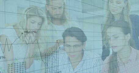 Poster - Image of financial data processing over diverse colleagues discussing work in office