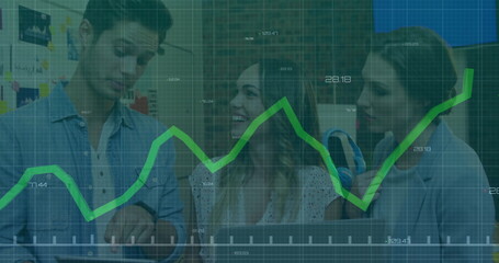 Poster - Image of financial data processing over diverse colleagues discussing work in office