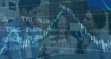 Poster - Image of financial data processing over diverse colleagues discussing work in office
