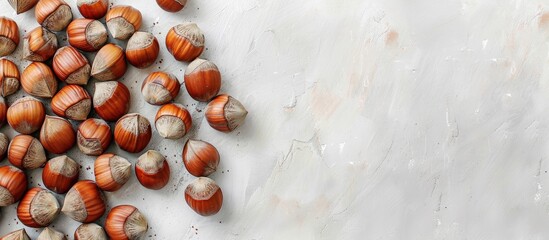 Wall Mural - hazelnuts in their shells on half a light surface space for text large ripe hazelnuts in even rows o