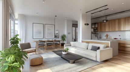 Wall Mural - Modern Living Room with White Sofa and Wooden Accents