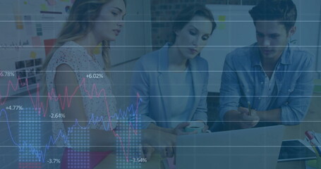Poster - Image of financial data processing over diverse colleagues discussing work in office