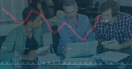 Poster - Image of financial data processing over diverse colleagues discussing work in office
