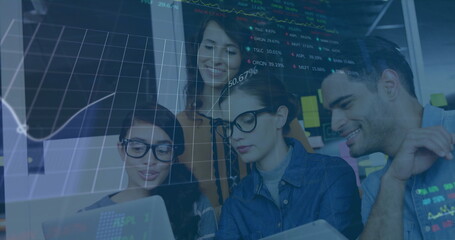 Poster - image of financial data processing over diverse colleagues discussing work in office