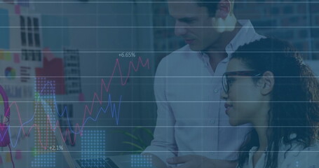 Poster - Image of financial data processing over diverse colleagues discussing work in office