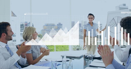 Poster - Image of financial data processing over diverse business people in office