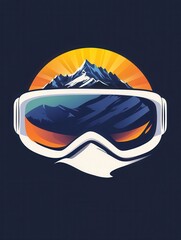 Poster - The design showcases ski goggles with reflective lenses displaying majestic snow-covered mountains and a vibrant sunrise. Generative AI