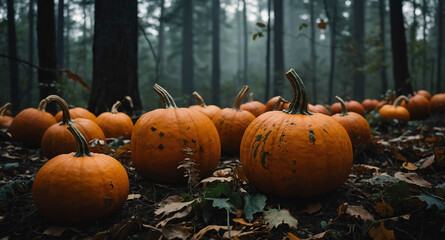 Canvas Print - Pumpkins scattered in eerie forest background