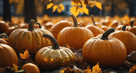 Canvas Print - Pumpkins with golden leaves abstract background