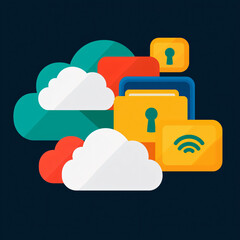 Poster - cloud storage and data protection icons with vibrant colors symbolize security and connectivity.