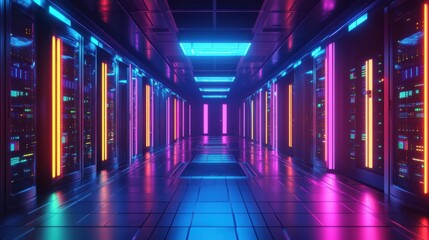 Wall Mural - Modern data center with glowing blue and multi-colored server racks and futuristic technology