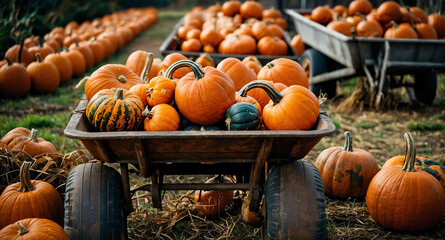 Canvas Print - Rusty wheelbarrow filled with pumpkins background