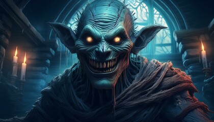 Wall Mural - Scary goblin mummy in haunted house, Halloween