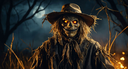 Wall Mural - Scary scarecrow with glowing eyes background