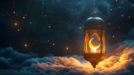 Wall Mural - Ramadan Lantern Hanging in Clouds with Crescent Moon