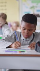 Poster - Boy, child and math test in classroom, counting fingers and kindergarten assessment for education. Male person, exam and lesson for mind development of pupil, problem solving and answer in workbook