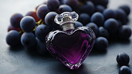 heart-shaped elegance, a luxurious perfume bottle filled with rich purple liquid, surrounded by plum