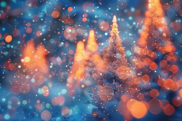 Wall Mural - snow-covered christmas trees adorned with glowing lights set in a winter wonderland with bokeh light