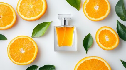 A sleek, transparent perfume bottle filled with a vibrant orange liquid, elegantly placed next to freshly sliced oranges 