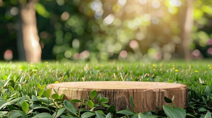 Sticker - Wooden podium on grass with leafy background for organic product display.