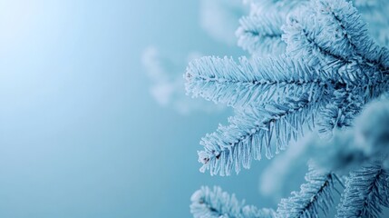 Wall Mural - Frost-covered pine branches in close-up on a light blue background, evoking a cold winter atmosphere.