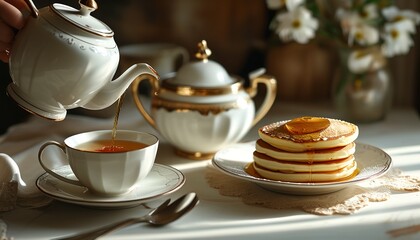 Elegant breakfast scene, a person holding a teapot pours tea into a white cup with delicious pancakes next to it, creating a warm morning atmosphere.