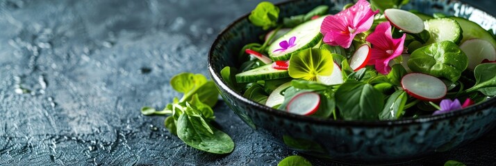 Canvas Print - Vibrant and Nutritious Cucumber, Radish, and Green Salad Garnished with Edible Flowers, Ideal for Text Space