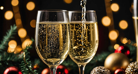 Sparkling wine glasses with festive decorations background