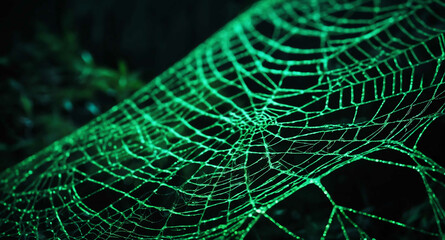 Spiderwebs eerie green glow abstract background