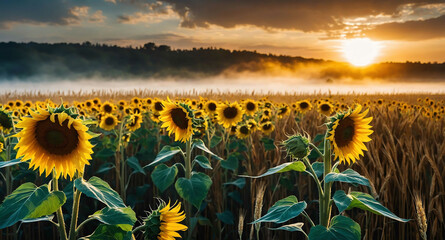 Poster - Sunflowers and wheat glowing mist abstract background