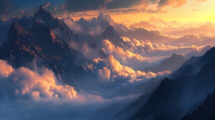 Wall Mural - Majestic mountains at sunset, surrounded by clouds, showcasing nature's beauty.