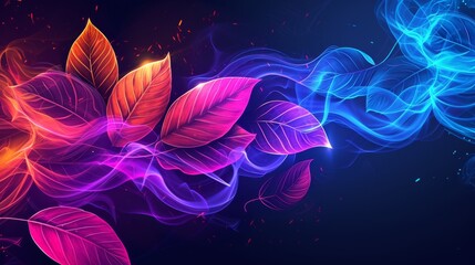 Wall Mural - Bright and vivid neon leaves float amidst swirling, colorful smoke trails against a dark background, creating a striking and dynamic visual effect that captures attention.