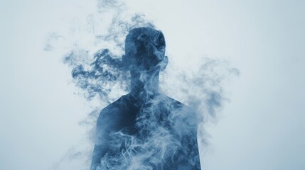 Fototapete - The silhouette of a man is enveloped in swirling smoke, creating a haunting and mysterious atmosphere. The contrasting light and shadow enhance the enigmatic mood of the scene.