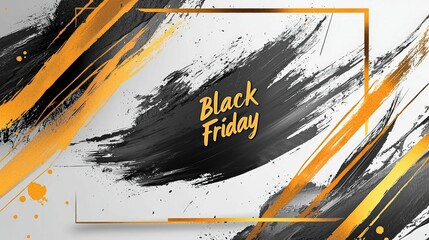 Black Friday sale banner featuring bold black and gold abstract brushstrokes on a white background, framed in a modern and dynamic design.