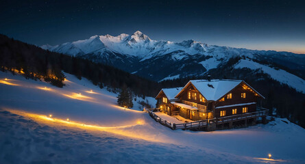 Canvas Print - Twinkling lights on snowy hillside background