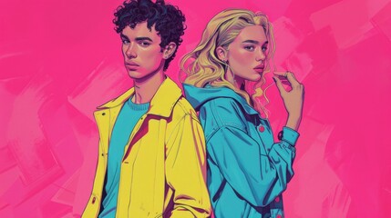 A vibrant illustration of two stylish individuals against a bold pink background.