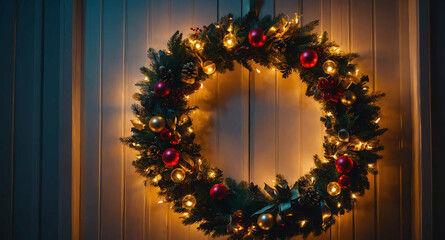 Wall Mural - Warm glowing lights on holiday wreath background