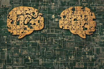 cognitive dynamics neural function abstract illustration of two puzzle shaped brains with circuit bo