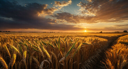 Wall Mural - Wheat fields glowing sunset abstract background