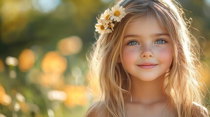 Wall Mural - Little Girl with Flowers in Her Hair