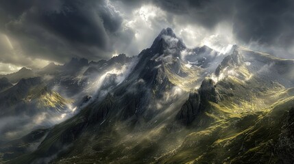 Wall Mural - Dramatic mountain landscape under moody clouds with light illuminating the terrain.