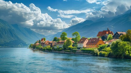 Wall Mural - Serene lakeside village with mountains and clouds in the background.