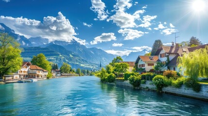 Wall Mural - Scenic river view with mountains, trees, and charming houses under a bright sky.