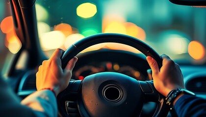 Holding the steering wheel with one hand shows concentration and steadiness during driving, and the background blurred the scene inside the car.