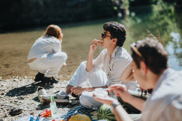 Sticker - Group of friends having a relaxing picnic by a peaceful lakeside on a sunny day. They are eating and enjoying nature's beauty.