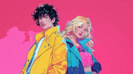 Two stylized characters stand confidently against a vibrant pink background.