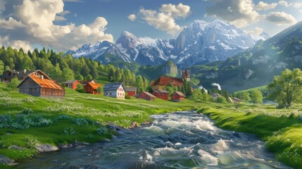 Wall Mural - A serene landscape featuring mountains, a river, and quaint cottages under a bright sky.