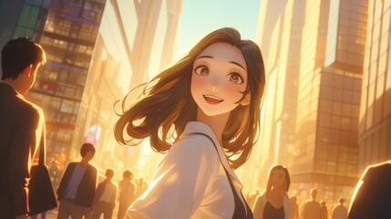 Wall Mural - A young woman smiles in a bustling city during sunset, capturing a vibrant urban moment.