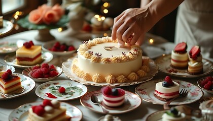 A hand is preparing a cake, surrounded by exquisite desserts and decorative plates. The scene is warm and beautiful.