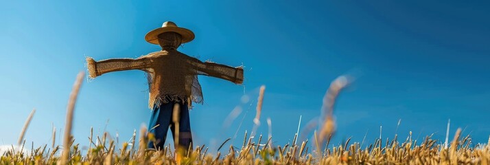 Poster - Scarecrow positioned in a field beneath a bright blue sky